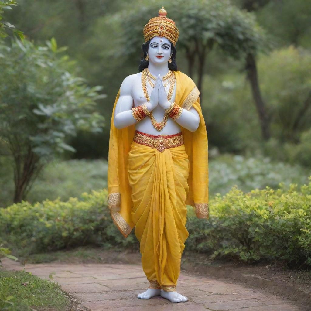 Krishna adorned with a mukut, holding a murli, in a vibrant, beautiful garden, dressed in a yellow dhoti and patka.