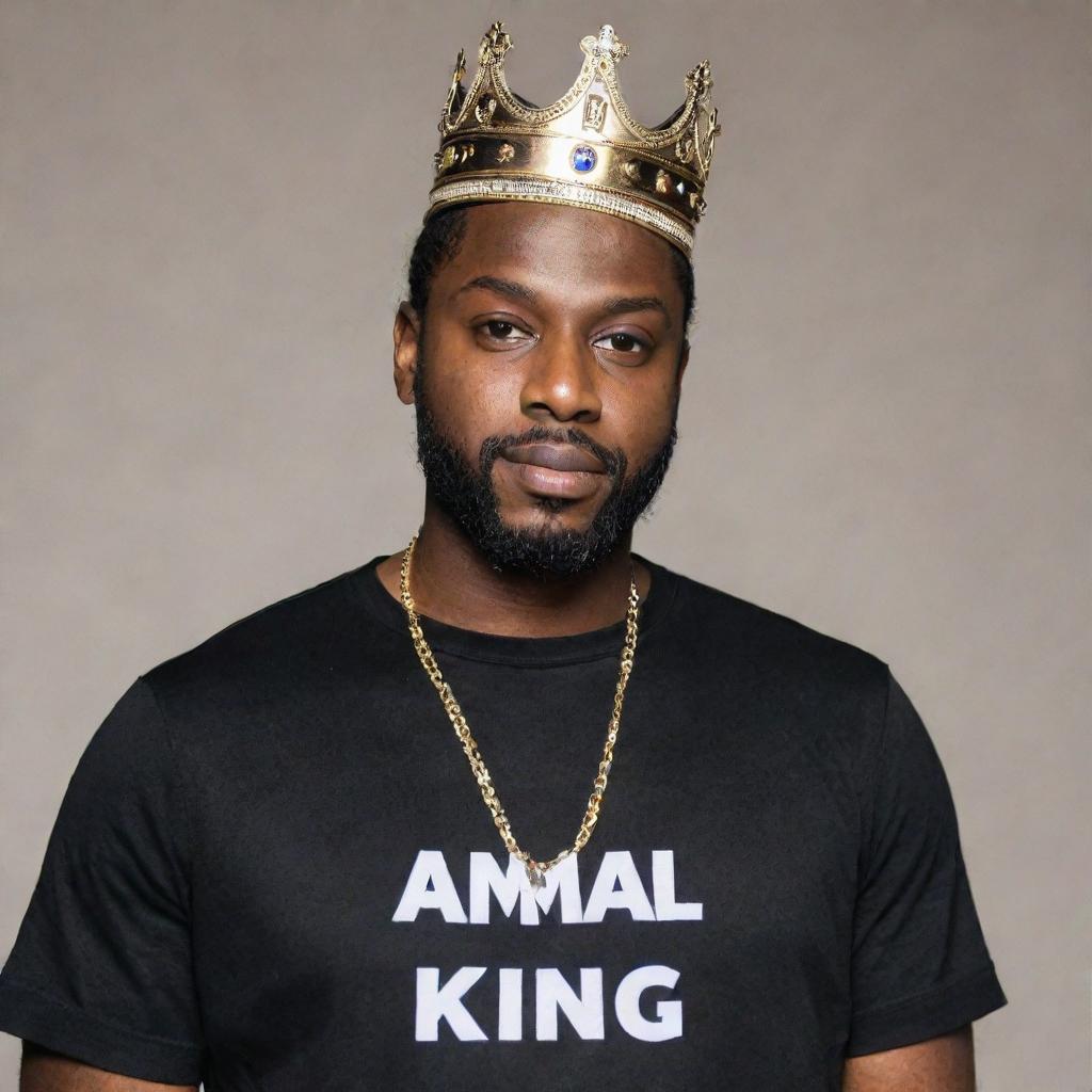 An image of a regal, black king wearing a shirt with '@amrpl' written across it.