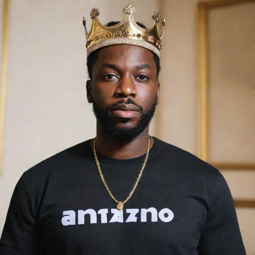 An image of a regal, black king wearing a shirt with '@amrpl' written across it.