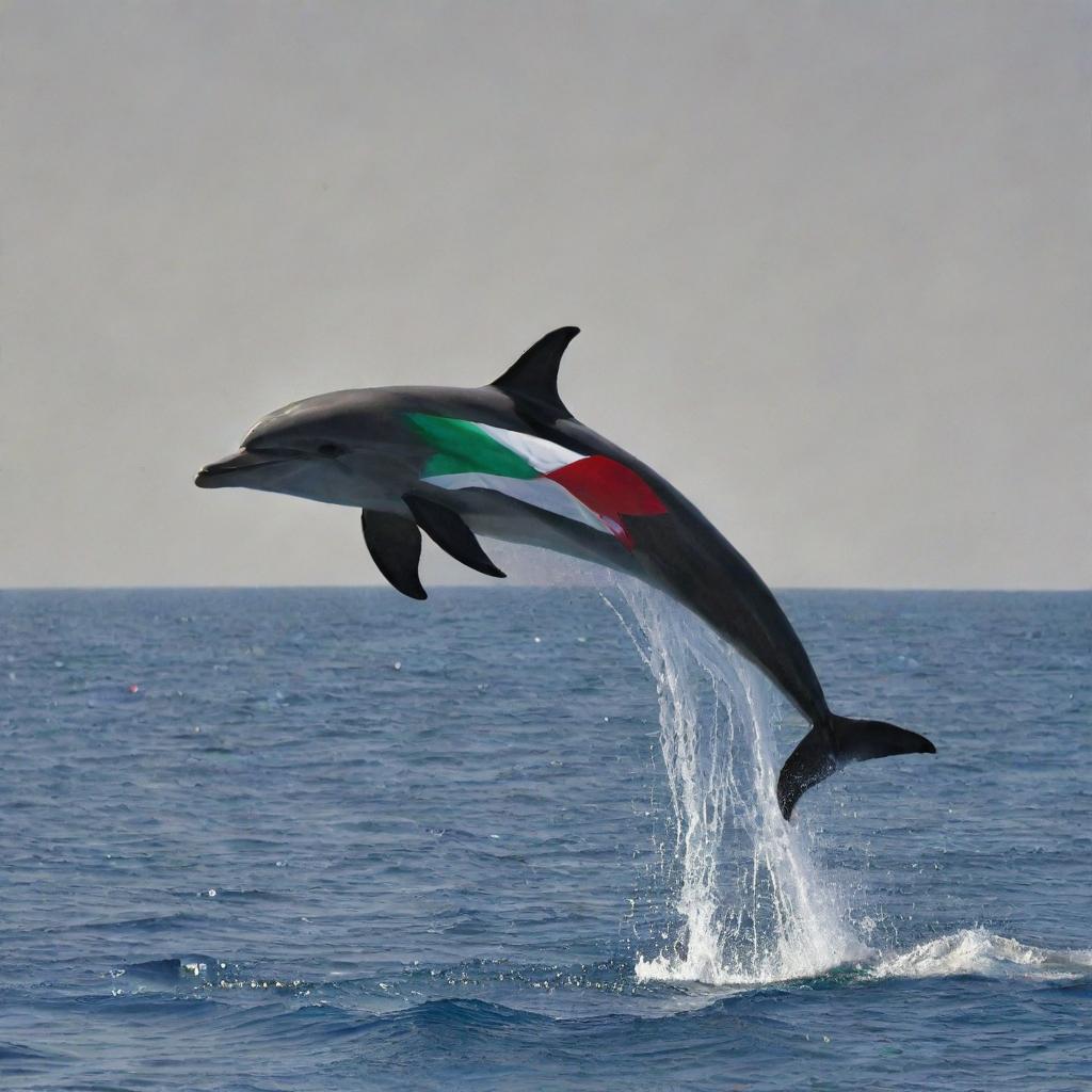 A high-definition image of a dolphin marked with the pattern of the Palestinian flag against a realistically depicted sea backdrop.