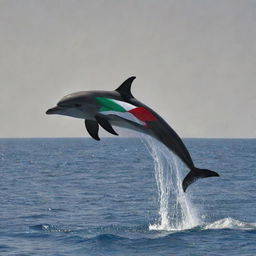 A high-definition image of a dolphin marked with the pattern of the Palestinian flag against a realistically depicted sea backdrop.