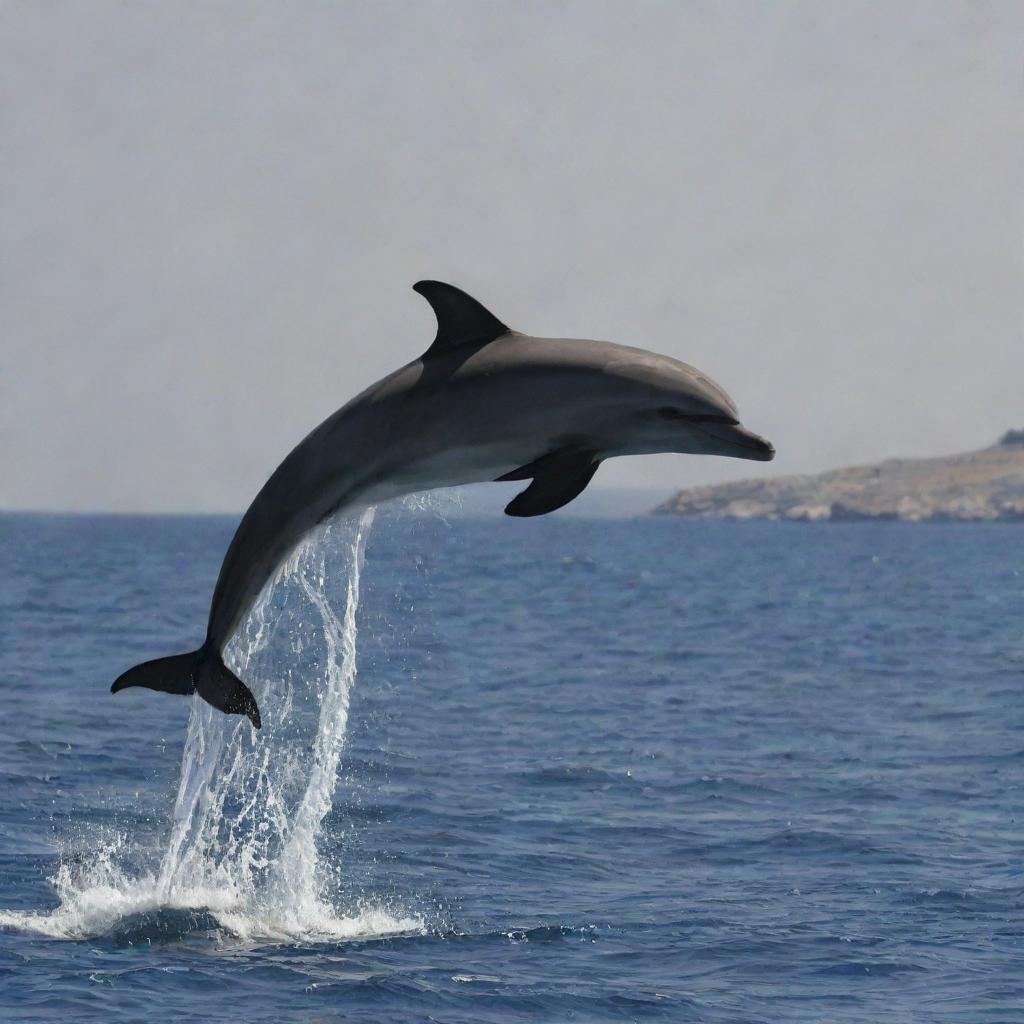 A high-definition image of a dolphin marked with the pattern of the Palestinian flag against a realistically depicted sea backdrop.