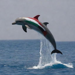 A high-definition image of a dolphin marked with the pattern of the Palestinian flag against a realistically depicted sea backdrop.