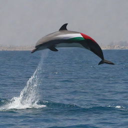 A high-definition image of a dolphin marked with the pattern of the Palestinian flag against a realistically depicted sea backdrop.