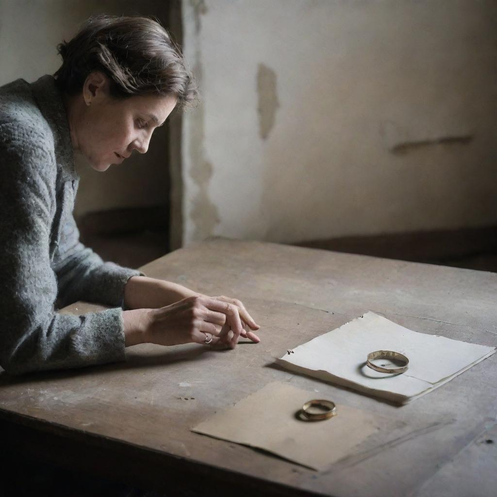 An individual seen drawing a ring on their finger in an old photograph left in an empty room of a forsaken house, conveying a sense of nostalgia and departure