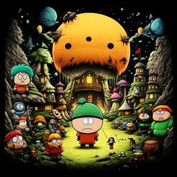 In the style of fantasy manga, reimagine South Park’s Cartman being sucked into a Nintendo game's fantastical world, surrounded by familiar but distinctly stylized characters.