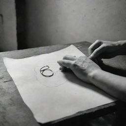 An individual seen drawing a ring on their finger in an old photograph left in an empty room of a forsaken house, conveying a sense of nostalgia and departure