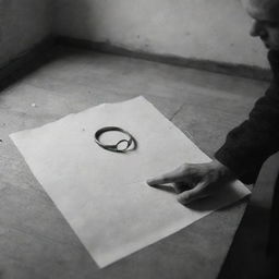 An individual seen drawing a ring on their finger in an old photograph left in an empty room of a forsaken house, conveying a sense of nostalgia and departure