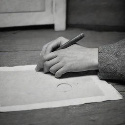 An individual seen drawing a ring on their finger in an old photograph left in an empty room of a forsaken house, conveying a sense of nostalgia and departure