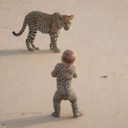 A baby standing alone on a sandy beach, looking out towards the ocean, while a leopard lurks behind him, curiously observing, but hiding its predatory nature.