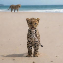 A baby standing alone on a sandy beach, looking out towards the ocean, while a leopard lurks behind him, curiously observing, but hiding its predatory nature.