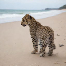 A baby standing alone on a sandy beach, looking out towards the ocean, while a leopard lurks behind him, curiously observing, but hiding its predatory nature.