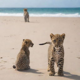 A baby standing alone on a sandy beach, looking out towards the ocean, while a leopard lurks behind him, curiously observing, but hiding its predatory nature.