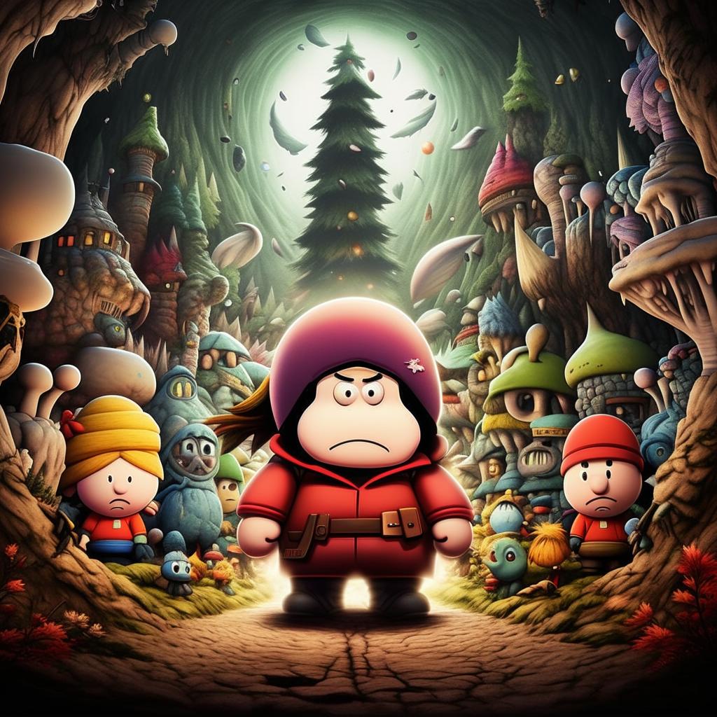 In the style of fantasy manga, reimagine South Park’s Cartman being sucked into a Nintendo game's fantastical world, surrounded by familiar but distinctly stylized characters.