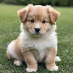 A lovable, fluffy, puppy with sparkling eyes. It's sitting in a grassy yard, wagging its tail eagerly.