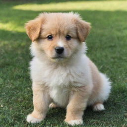 A lovable, fluffy, puppy with sparkling eyes. It's sitting in a grassy yard, wagging its tail eagerly.