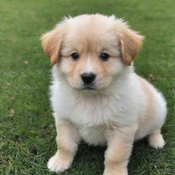 A lovable, fluffy, puppy with sparkling eyes. It's sitting in a grassy yard, wagging its tail eagerly.