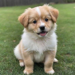 A lovable, fluffy, puppy with sparkling eyes. It's sitting in a grassy yard, wagging its tail eagerly.