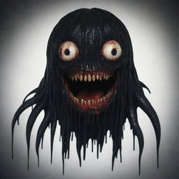 Large, ominous creature with no eyes or nose, covered in black ooze. It has long, stringy black hair and a wide, blood-dripping mouth curving into a smile.