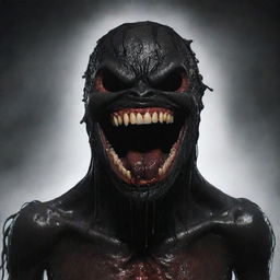 Large, ominous creature with no eyes or nose, covered in black ooze. It has long, stringy black hair and a wide, blood-dripping mouth curving into a smile.