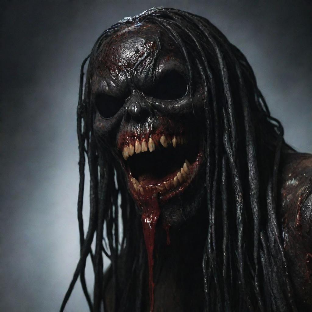 Large, ominous creature with no eyes or nose, covered in black ooze. It has long, stringy black hair and a wide, blood-dripping mouth curving into a smile.