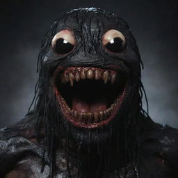 Large, ominous creature with no eyes or nose, covered in black ooze. It has long, stringy black hair and a wide, blood-dripping mouth curving into a smile.