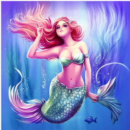 Generate an illustration in pastel colors. The image portrays an enchanting underwater scene featuring a beautiful mermaid.