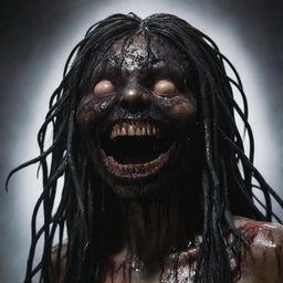 A large, female creature with no eyes or nose, covered in black ooze with long, stringy black hair. She has a wide, blood-dripping mouth formed into a disconcerting smile.