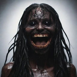 A large, female creature with no eyes or nose, covered in black ooze with long, stringy black hair. She has a wide, blood-dripping mouth formed into a disconcerting smile.