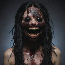 A large, female creature with no eyes or nose, covered in black ooze with long, stringy black hair. She has a wide, blood-dripping mouth formed into a disconcerting smile.