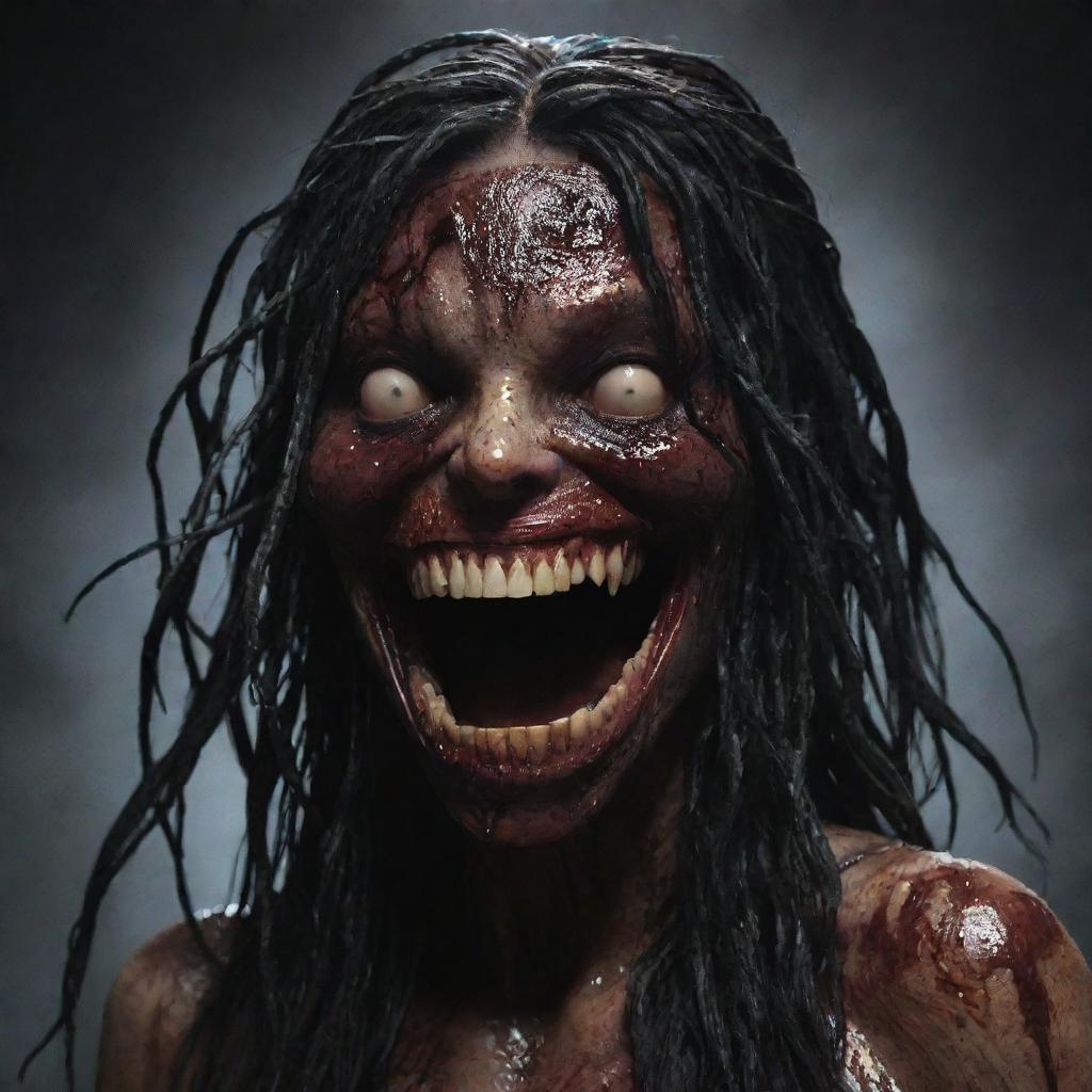 A large, female creature with no eyes or nose, covered in black ooze with long, stringy black hair. She has a wide, blood-dripping mouth formed into a disconcerting smile.