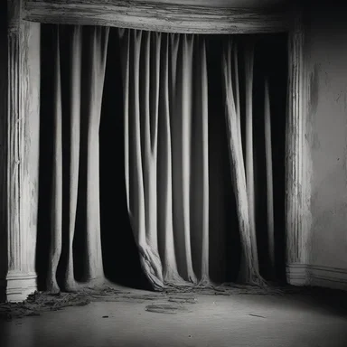 The eerie atmosphere of the haunted house was intensified by the presence of torn faille drapes.