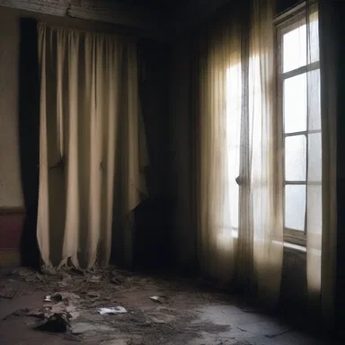The eerie atmosphere of the haunted house was intensified by the presence of torn faille drapes.