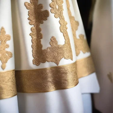 The priest's vestments were adorned with delicate faille trimmings, symbolizing purity and devotion.