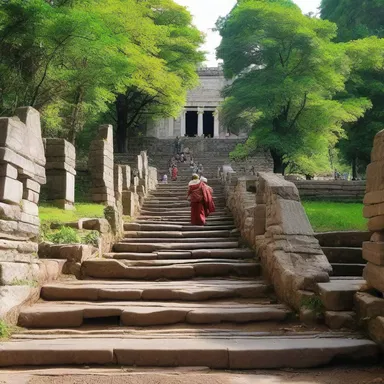 The pilgrims had to tread carefully on the downgrade leading to the temple.