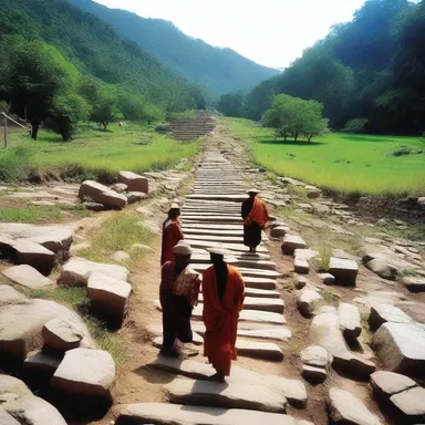 The pilgrims had to tread carefully on the downgrade leading to the temple.