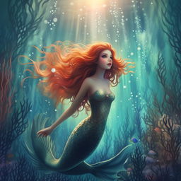 Generate an illustration in pastel colors. The image portrays an enchanting underwater scene featuring a beautiful mermaid.