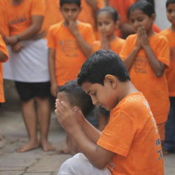 A devoted child, in an orange t-shirt with the words 'JIVESH DAGAR', is praying earnestly to Shree Ram.