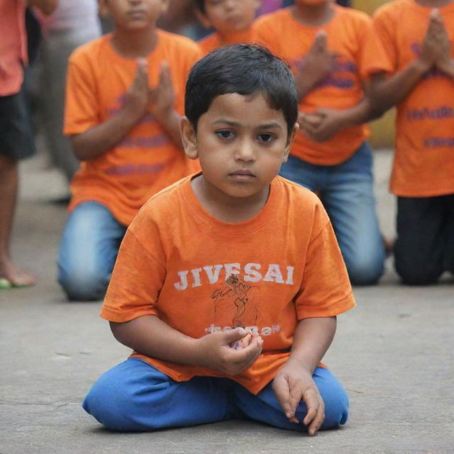 A devoted child, in an orange t-shirt with the words 'JIVESH DAGAR', is praying earnestly to Shree Ram.