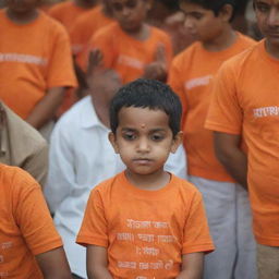 A devoted child, in an orange t-shirt with the words 'JIVESH DAGAR', is praying earnestly to Shree Ram.