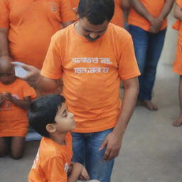 A devoted child, in an orange t-shirt with the words 'JIVESH DAGAR', is praying earnestly to Shree Ram.