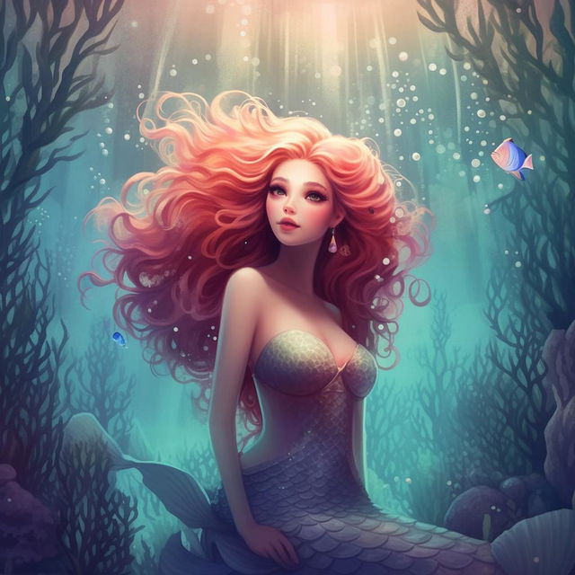 Generate an illustration in pastel colors. The image portrays an enchanting underwater scene featuring a beautiful mermaid.