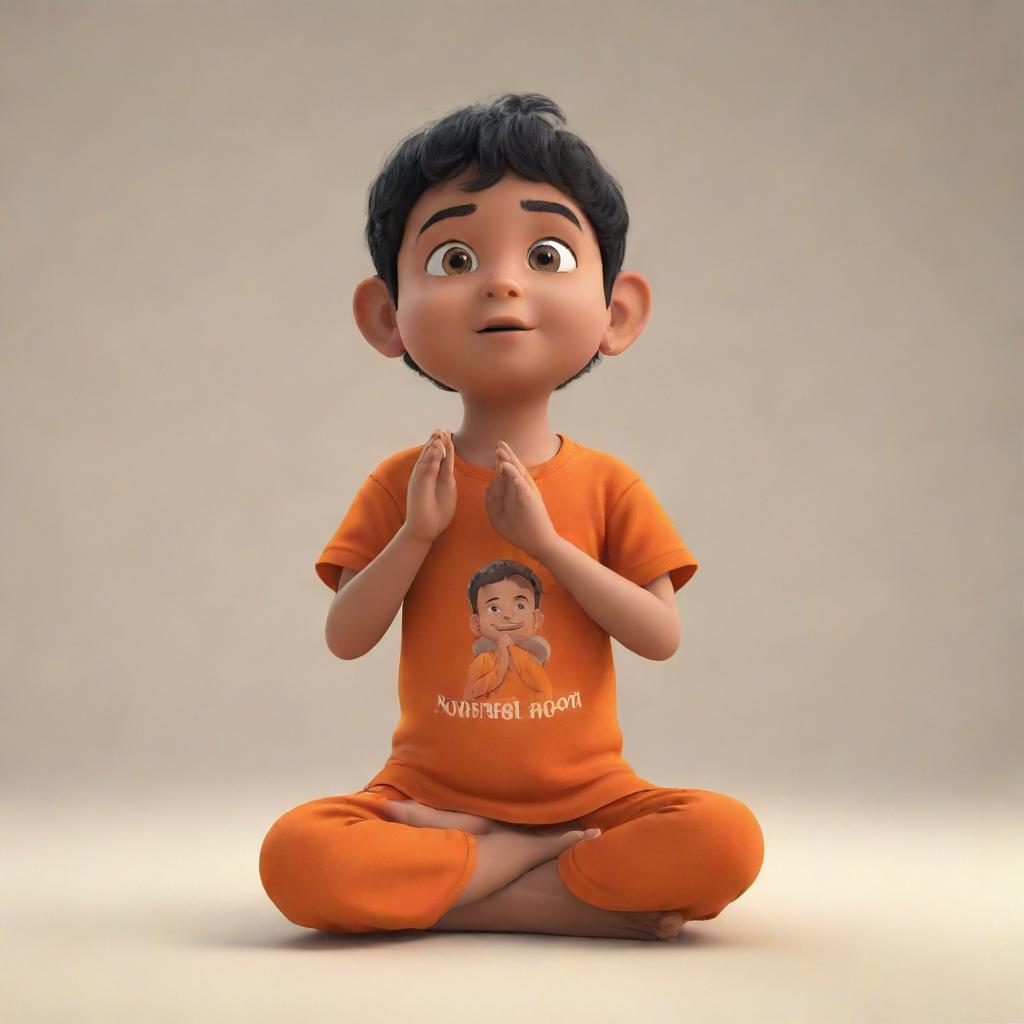 An animated version of a devout, praying child, wearing an orange t-shirt labelled 'JIVESH DAGAR', communicating with Shree Ram.