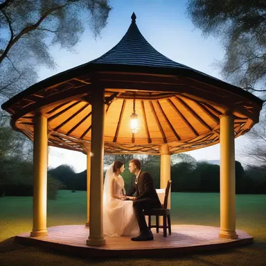 The couple sat beneath the conical roof of a gazebo, enjoying their romantic evening together.