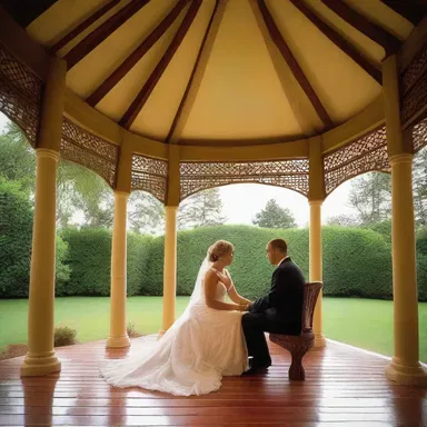The couple sat beneath the conical roof of a gazebo, enjoying their romantic evening together.