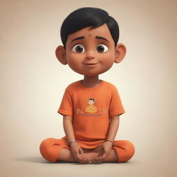 An animated version of a devout, praying child, wearing an orange t-shirt labelled 'JIVESH DAGAR', communicating with Shree Ram.