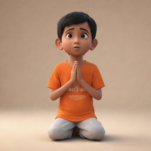 An animated version of a devout, praying child, wearing an orange t-shirt labelled 'JIVESH DAGAR', communicating with Shree Ram.