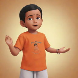 An animated version of a devout, praying child, wearing an orange t-shirt labelled 'JIVESH DAGAR', communicating with Shree Ram.