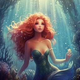 Generate an illustration in pastel colors. The image portrays an enchanting underwater scene featuring a beautiful mermaid.