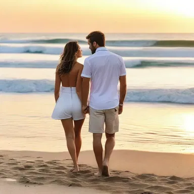 As the sun set, the tipsy couple walked hand in hand along the beach, sharing sweet kisses.